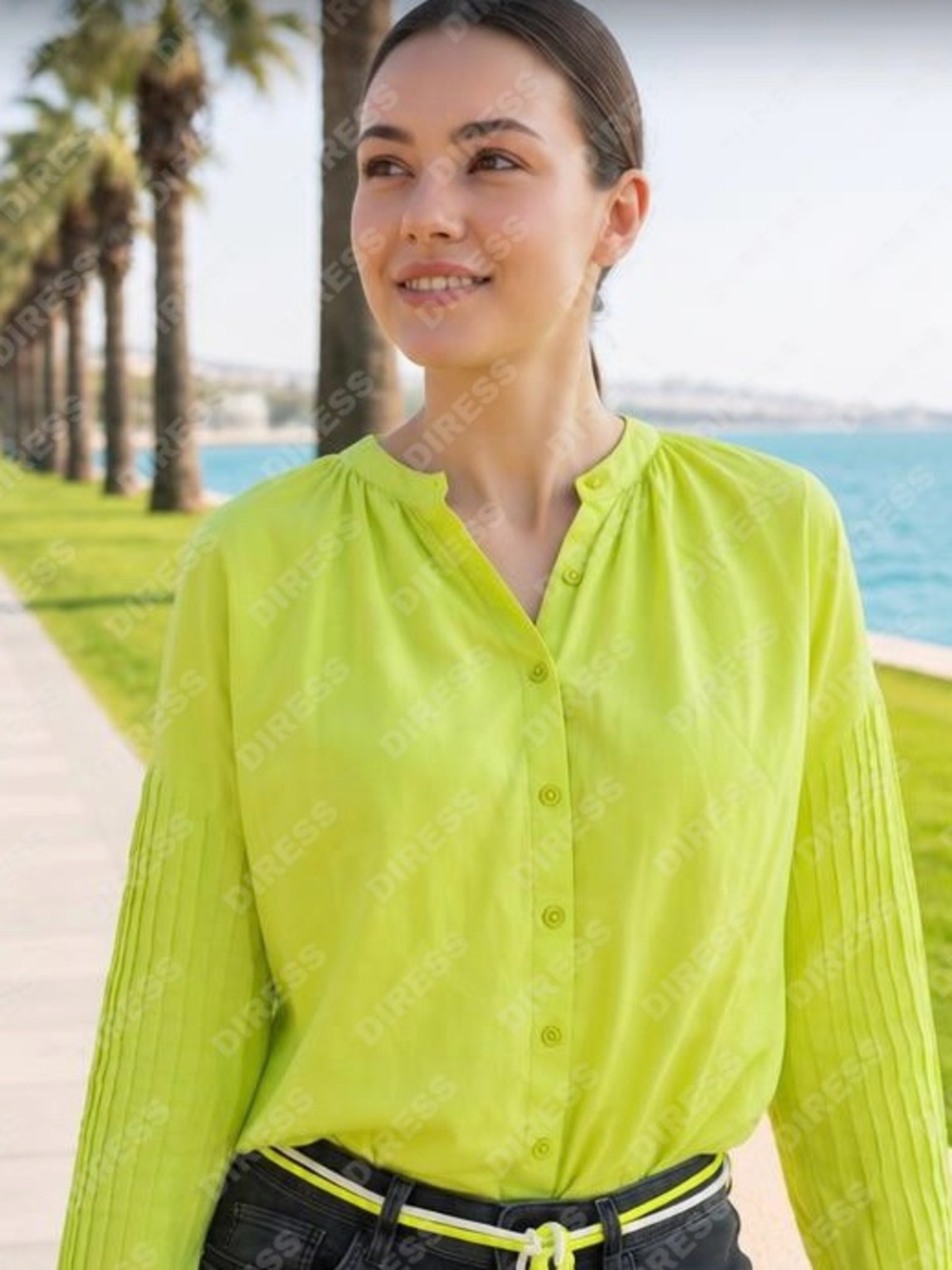 Women's Pleated-Sleeve Button Down Shirt in Lime Green